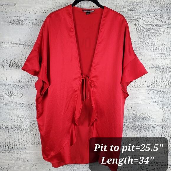 Victoria's Secret Red Satin Robe Heart Design Tie Closure, Ruffle Trim Romantic - Picture 8 of 9